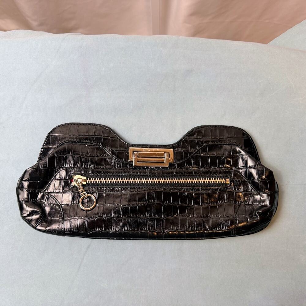 Maxx NY Black Croc Embossed Leather Clutch Silver Y2K Evening Bag Satin Interior